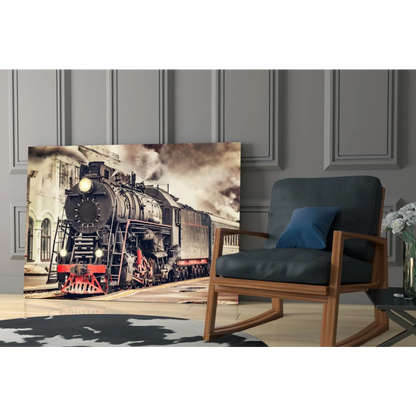 Vintage black and red steam locomotive glass wall art print