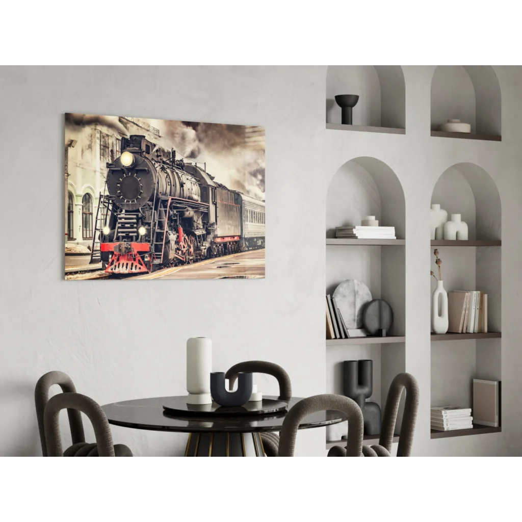 Vintage steam locomotive wall art print on black red canvas