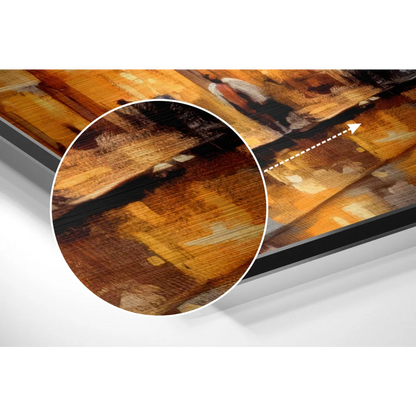 Abstract textured painting in amber orange brown on brushed aluminium dibond art