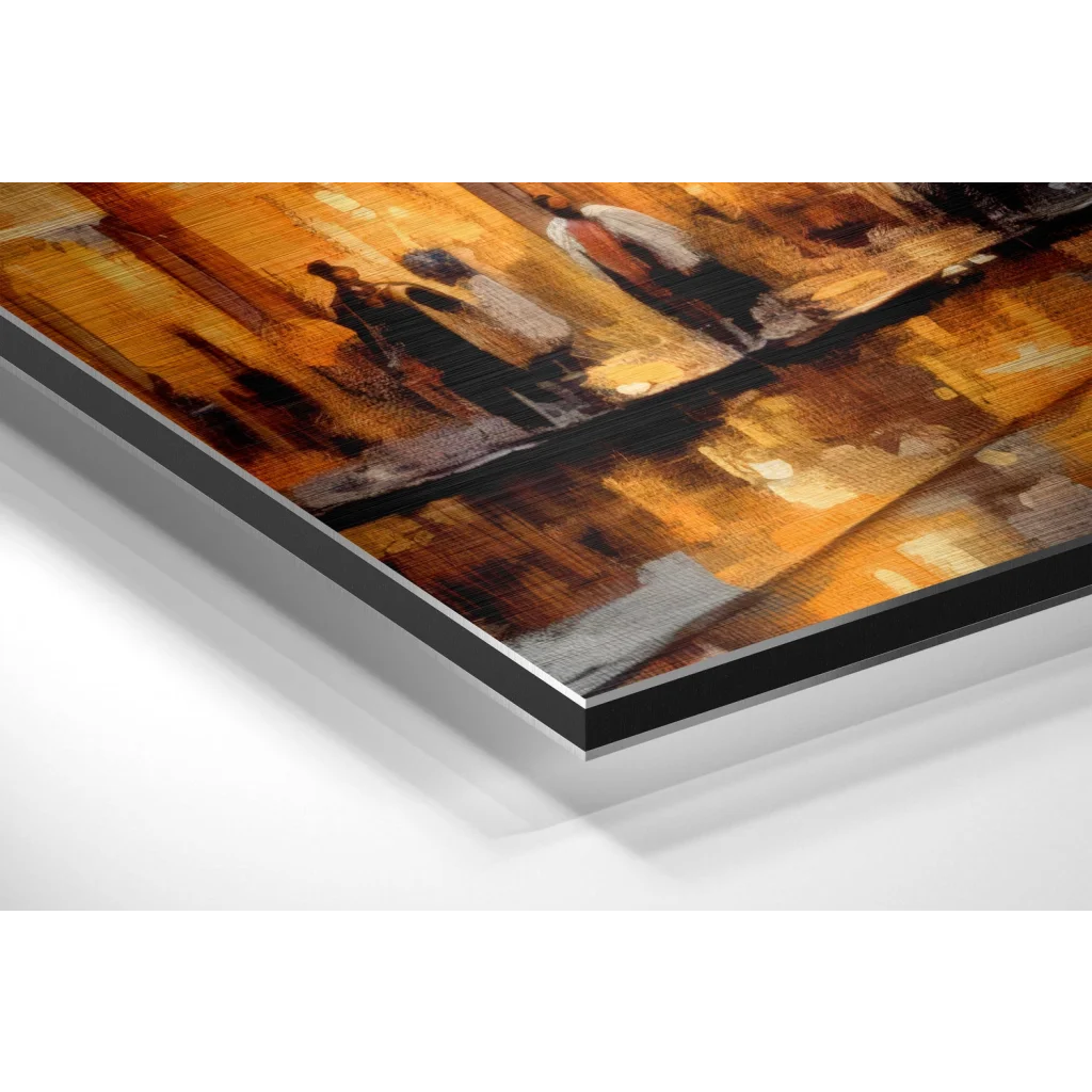 Abstract orange brown black strokes on brushed aluminium dibond wall art