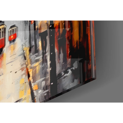 Abstract red orange black gray cityscape glass wall art print