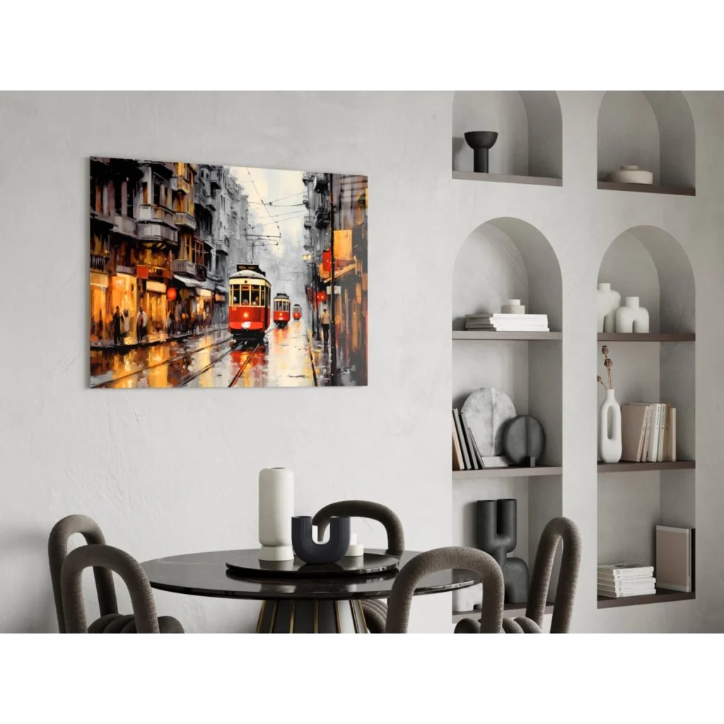 Vibrant red vintage tram impressionistic painting on glass wall art