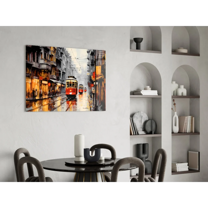 Vibrant red vintage tram impressionistic painting on glass wall art