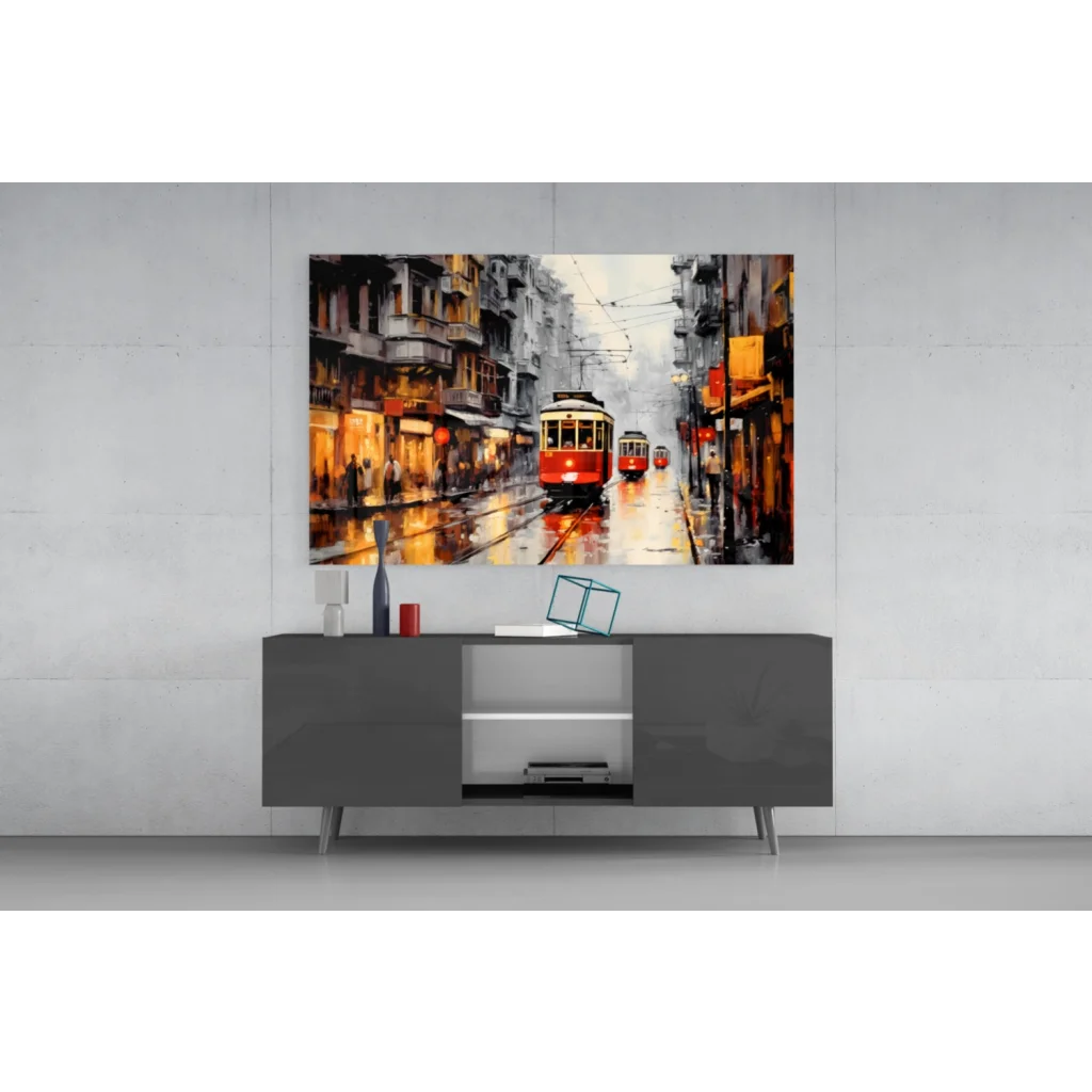 Vibrant impressionistic red tram on wet street at dusk, glass wall art print