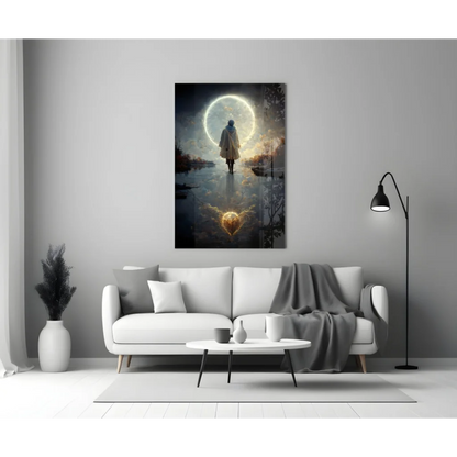 Solitary figure walks under glowing moon in moonlit reflection wall art with golden heart