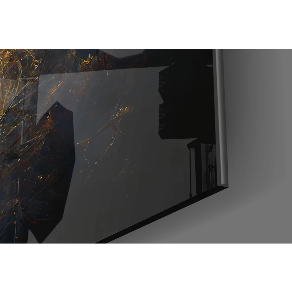 Black-framed glass wall art with moonlit reflection of buildings and golden leaves