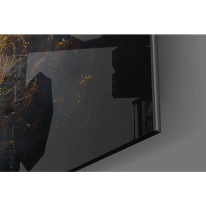 Black-framed glass wall art with moonlit reflection of buildings and golden leaves