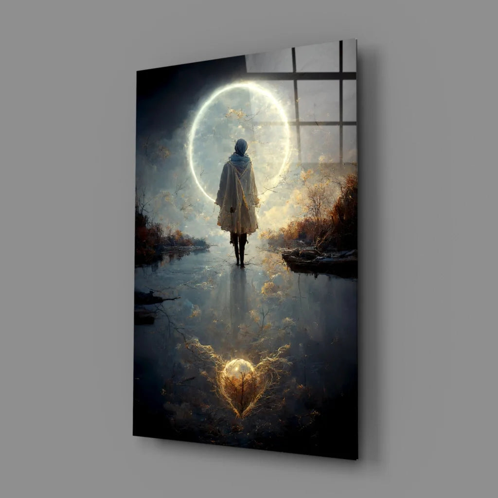 Solitary figure in white cloak before glowing moon, reflection on water with golden heart glow, moonlit reflection canvas wall art