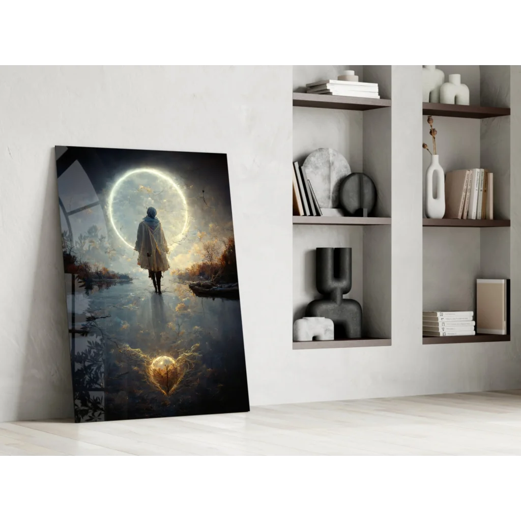 Solitary robed figure approaches glowing portal in moonlit reflection wall art