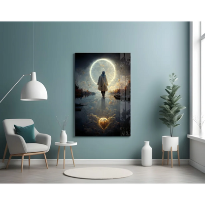 Solitary figure walks away under full moon in moonlit reflection wall art with glowing heart
