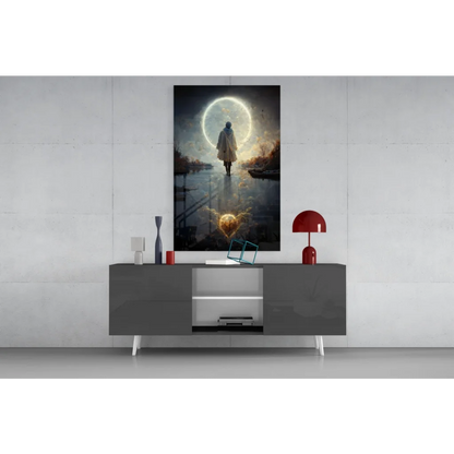 Solitary figure walks to glowing moon in moonlit reflection wall art