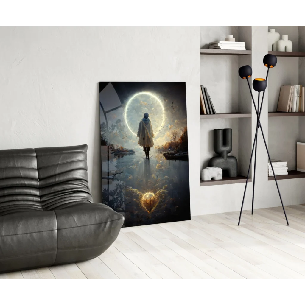 Moonlit reflection glass wall art with glowing heart portal figure