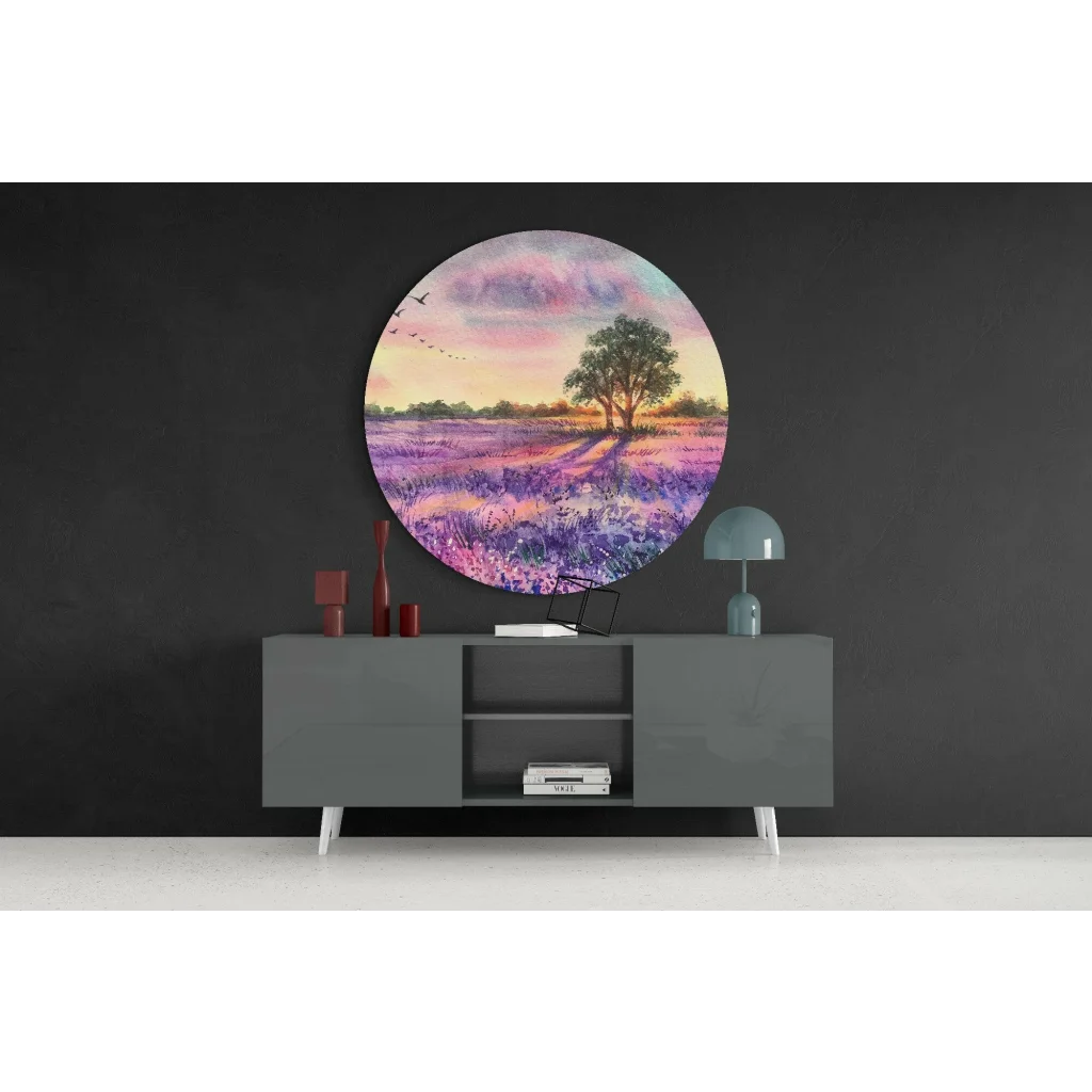 Lavender fields sunset tempered glass art with flying birds