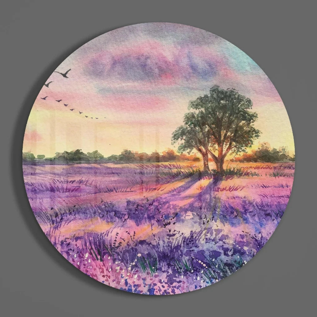 Circular watercolor lavender field on tempered glass art with birds