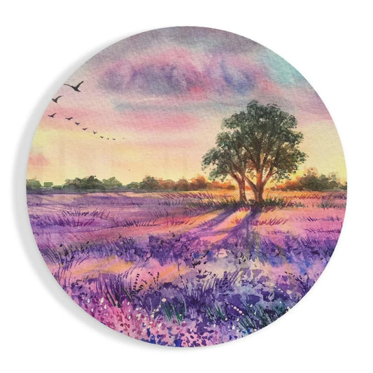 Circular lavender field sunset on tempered glass art with birds
