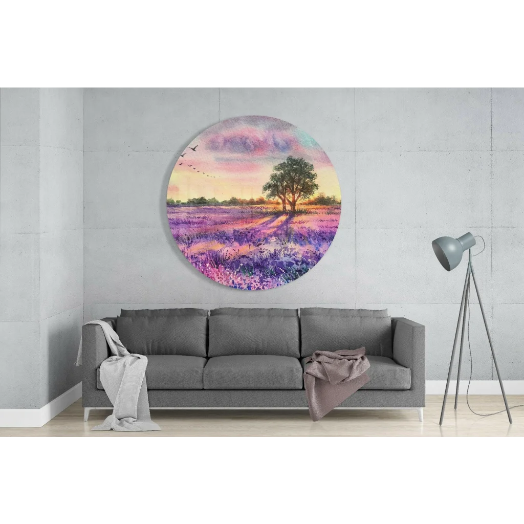 Vibrant lavender field glass art on tempered glass with sunset sky, tree, and flying birds