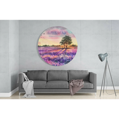 Vibrant lavender field glass art on tempered glass with sunset sky, tree, and flying birds