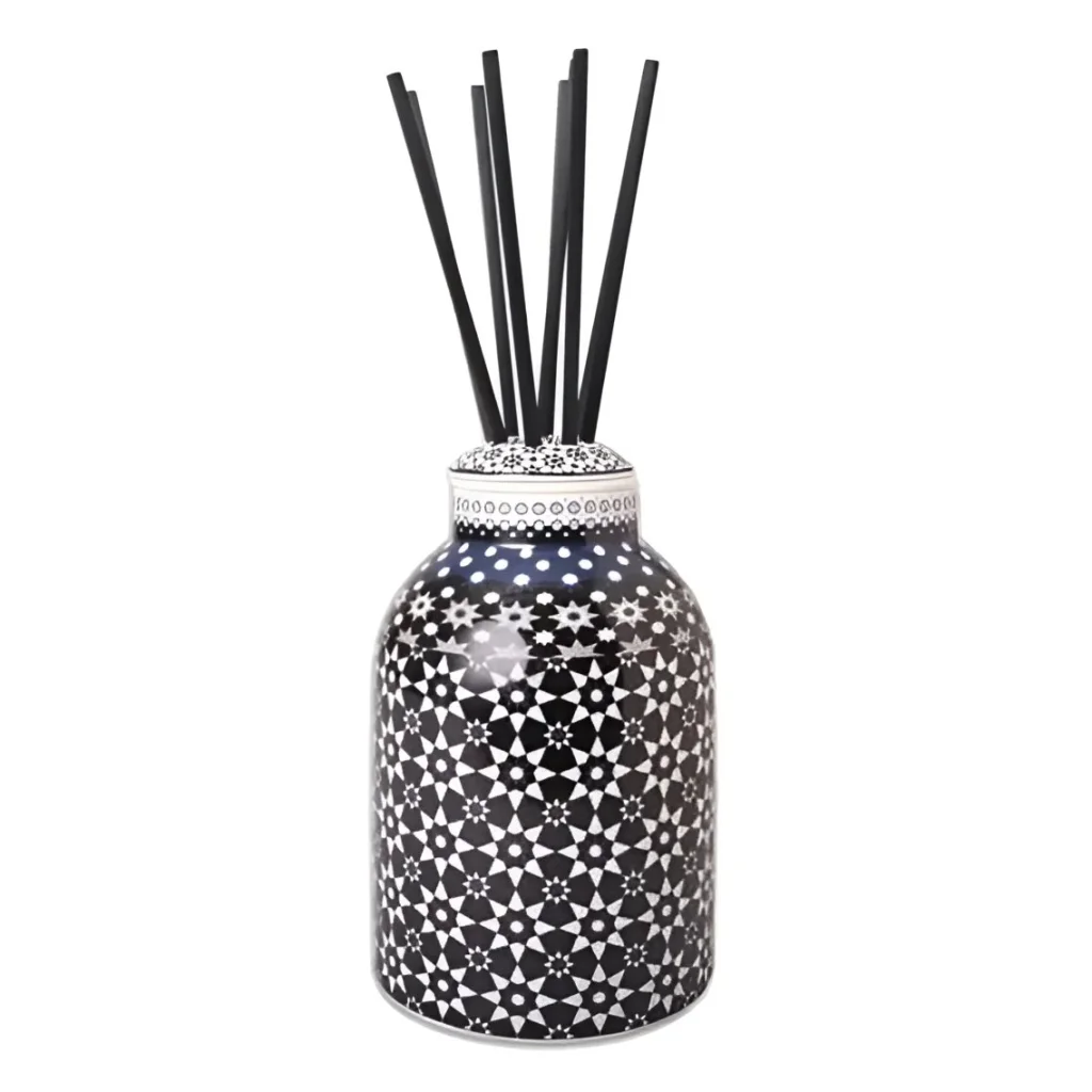 Black and white patterned ceramic diffuser with black reeds for Transform Your Space with diffuser kaokab
