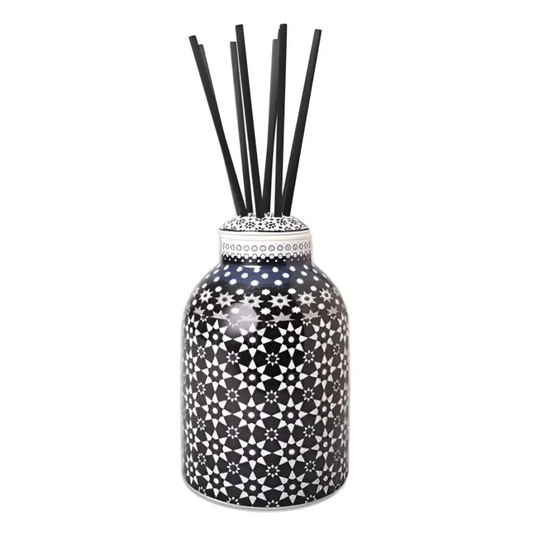 Black and white patterned ceramic diffuser with black reeds for Transform Your Space with diffuser kaokab