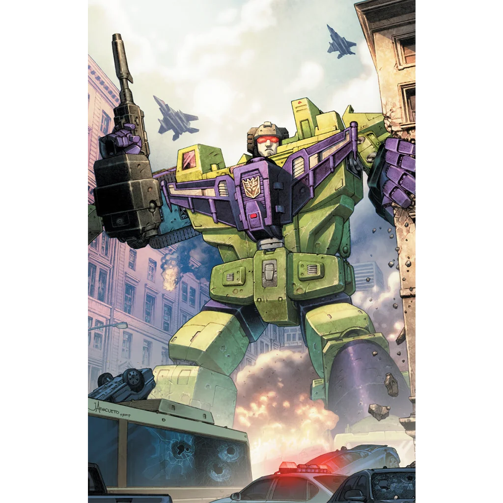 Towering green and purple robot with weapon from Transformers 18 by Jay Anacleto