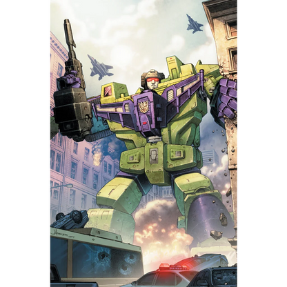 Towering green and purple robot with weapon from Transformers 18 by Jay Anacleto