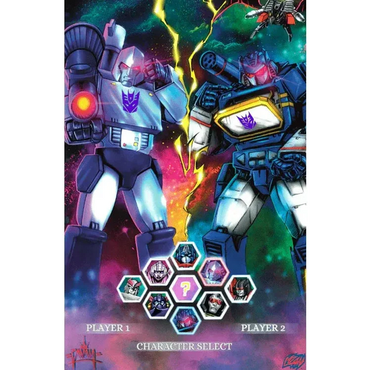 Silver and blue transformer robot with glowing red eyes and purple insignia on chest in franck uzan martin zavala virgin variant