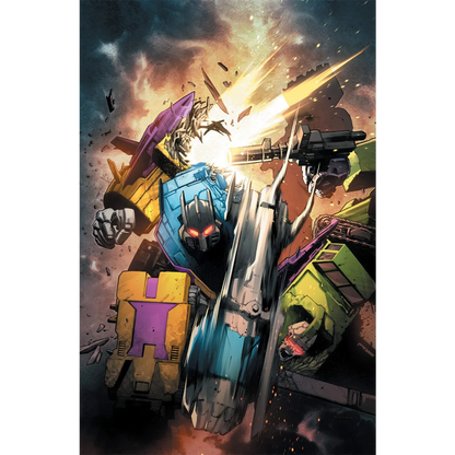 Transformers #31 stephen segovia exclusive virgin var features a blue and purple transformer robot with glowing red eyes and battle-worn armor