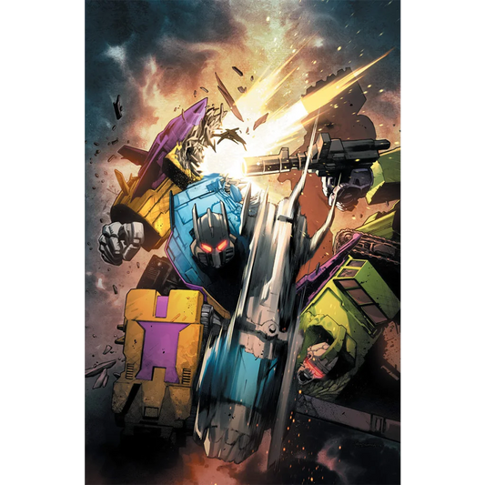 Transformers #31 stephen segovia exclusive virgin var features a blue and purple transformer robot with glowing red eyes and battle-worn armor