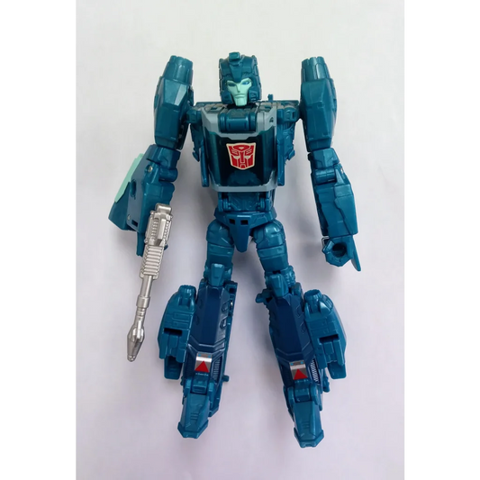 Teal and silver Autobot Blurr Transformers action figure with emblem