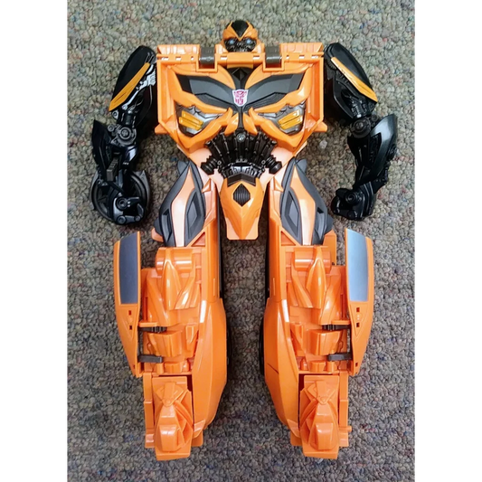 Orange and black Transformers action figure Bumblebee toy with yellow face