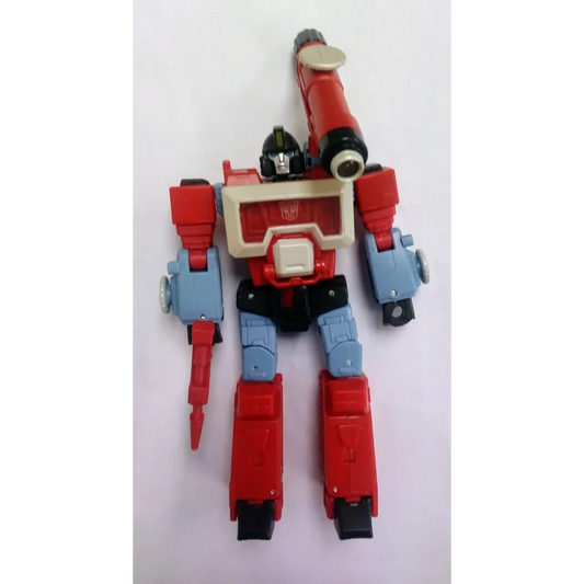 Red and blue Transformers action figure Autobot Perceptor with yellow faceplate