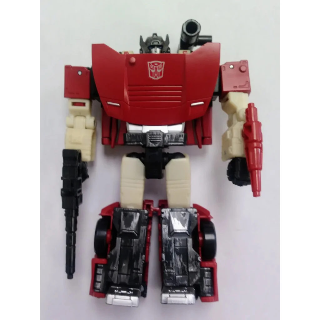 Red and white Transformers action figure Autobot Sideswipe with black accents