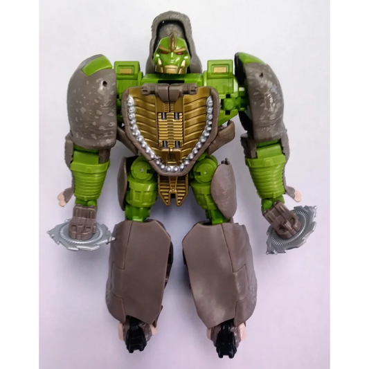 Green and gray Maximal Rhinox Transformers action figure with gold accents