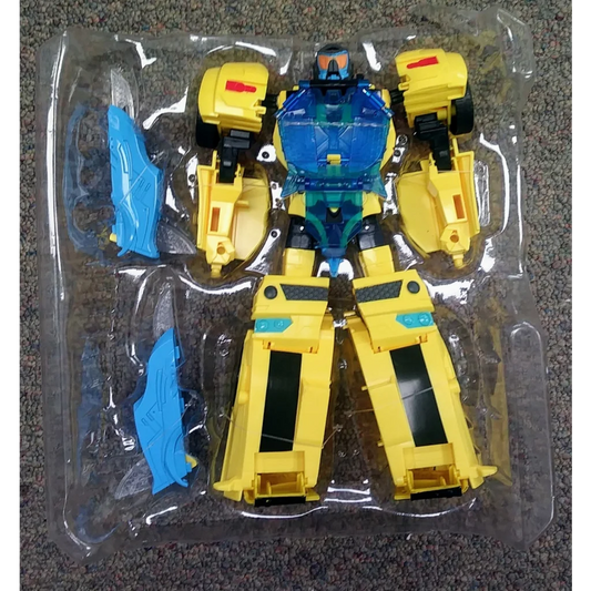 Yellow and blue Transformers Bumblebee action figure in clear packaging