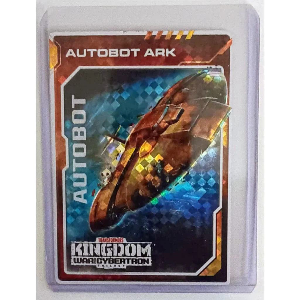 Epic Transformers War For Cybertron hologram sticker card with Autobot ark toy spaceship in metallic blue hues
