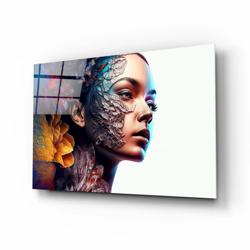 Stylized floral woman glass wall art canvas print with blue silver lace face
