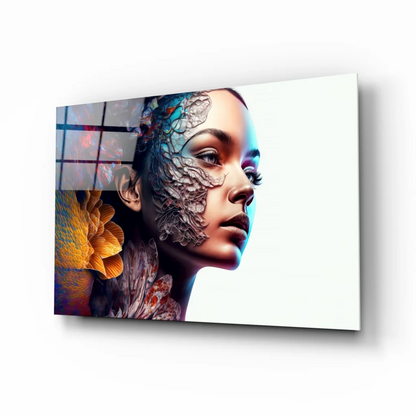 Stylized floral woman glass wall art canvas print with blue silver lace face