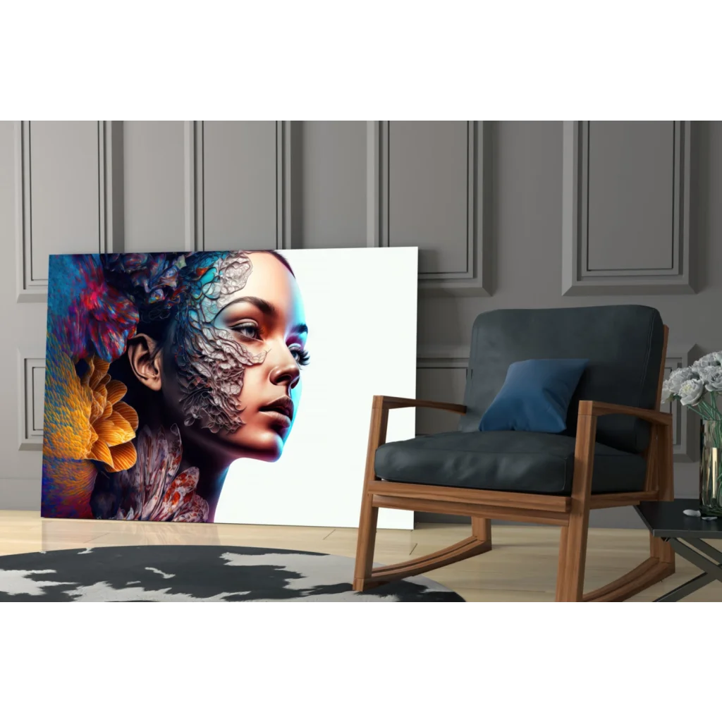 Vibrant floral woman glass wall art canvas print in blues and purples