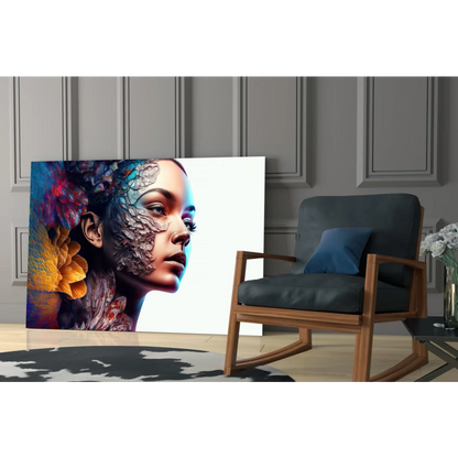 Vibrant floral woman glass wall art canvas print in blues and purples