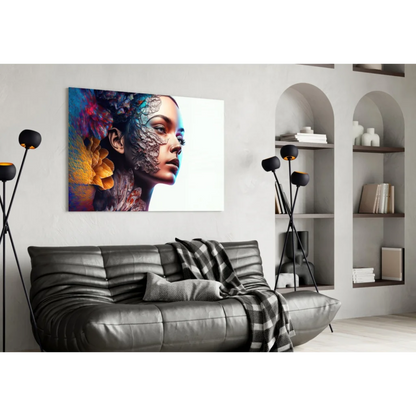 Vibrant floral woman glass wall art canvas print in bold hues