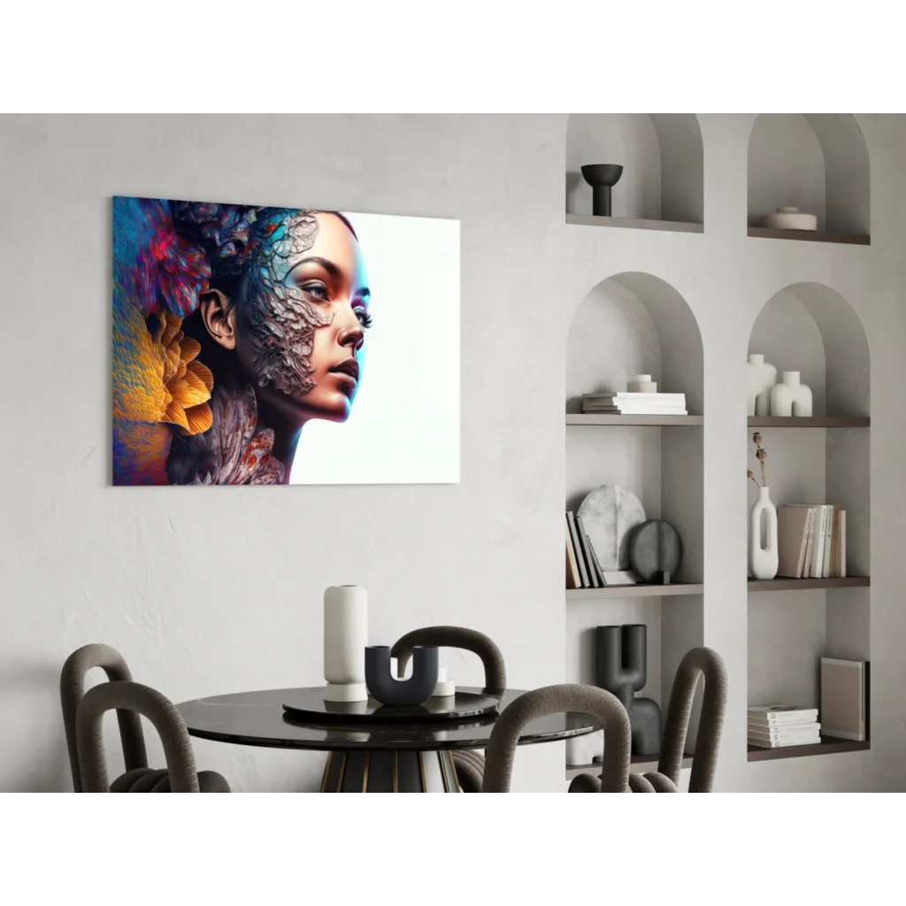 Vibrant floral woman glass wall art canvas print with colorful patterns