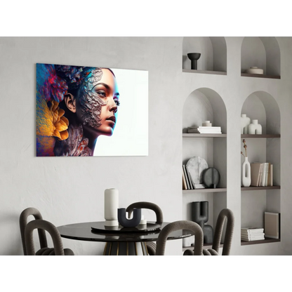 Vibrant floral woman glass wall art canvas print with colorful patterns
