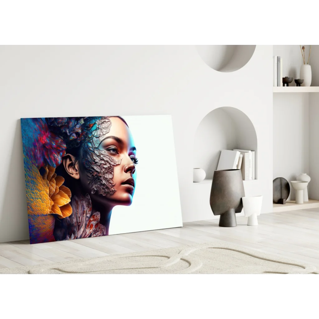 Stunning floral woman glass wall art canvas print with vibrant digital face