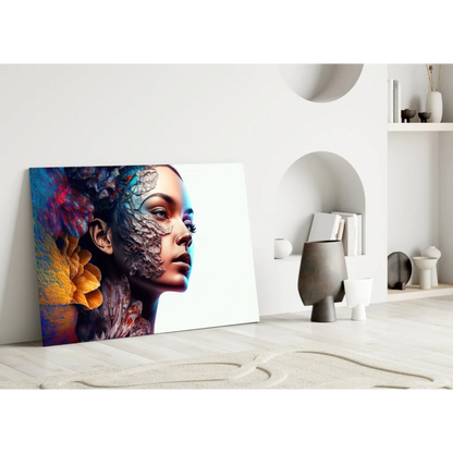 Stunning floral woman glass wall art canvas print with vibrant digital face