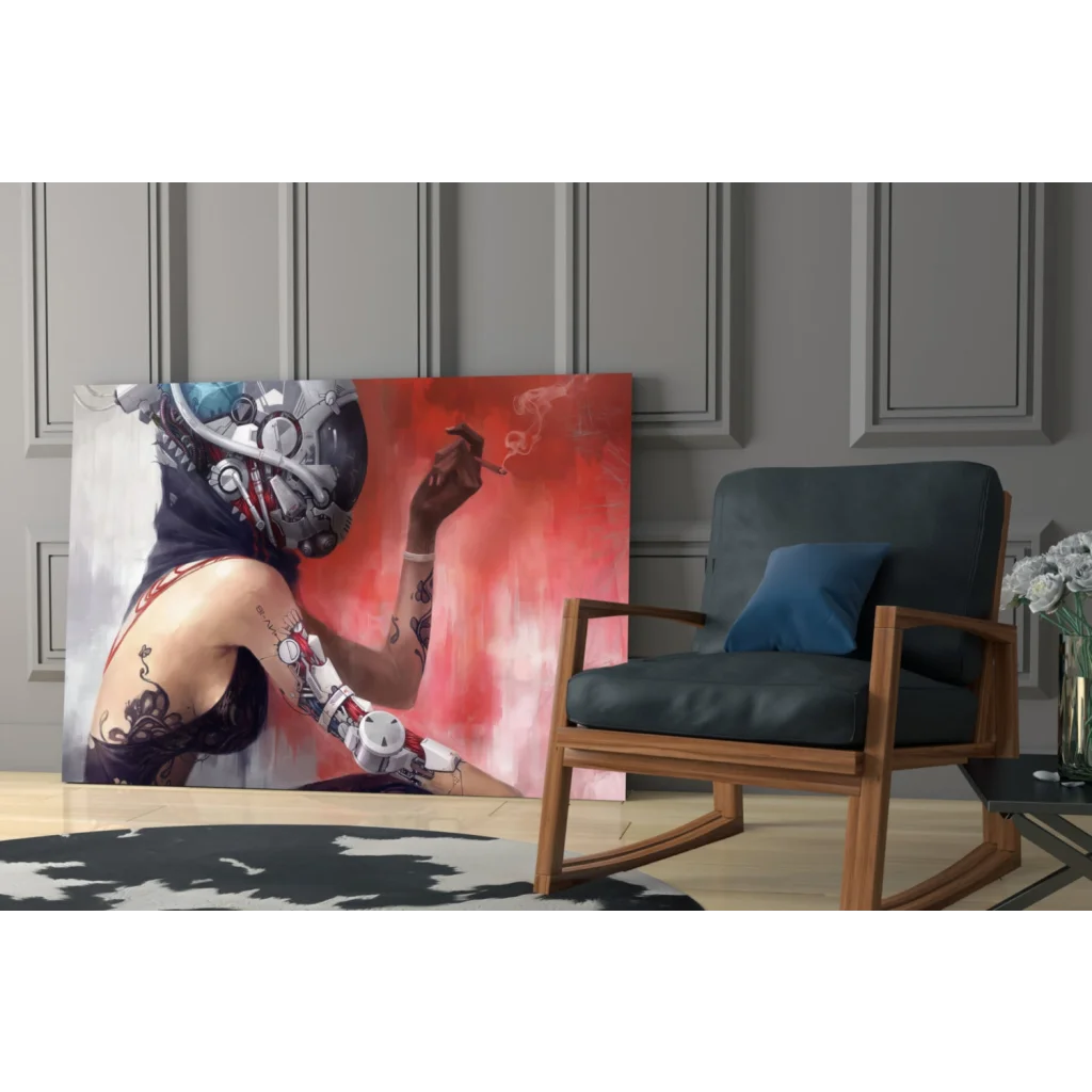 Cyberpunk rebel glass wall art with tattooed woman in helmet on red background