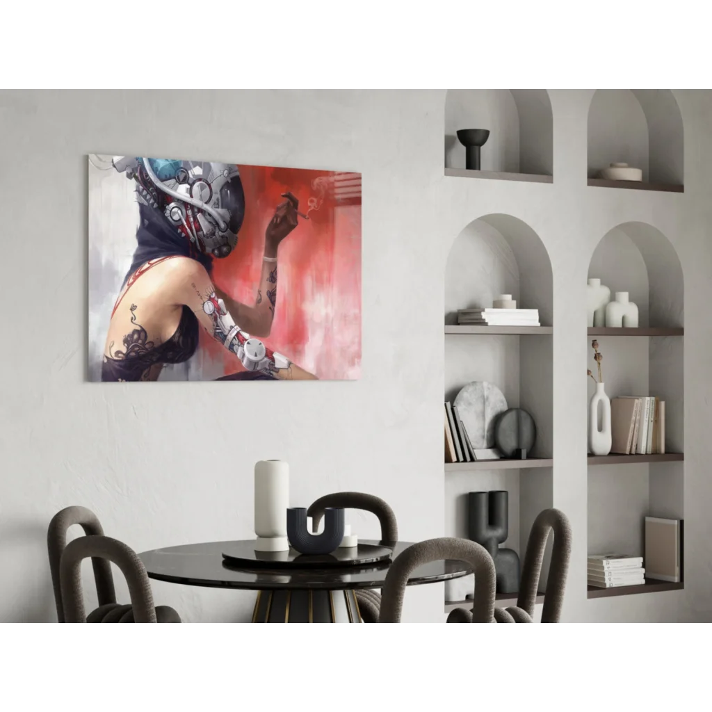 Cyberpunk rebel woman in mechanical armor on neon red glass wall art