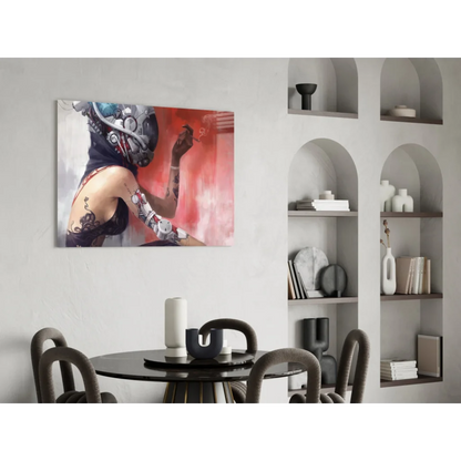 Cyberpunk rebel woman in mechanical armor on neon red glass wall art