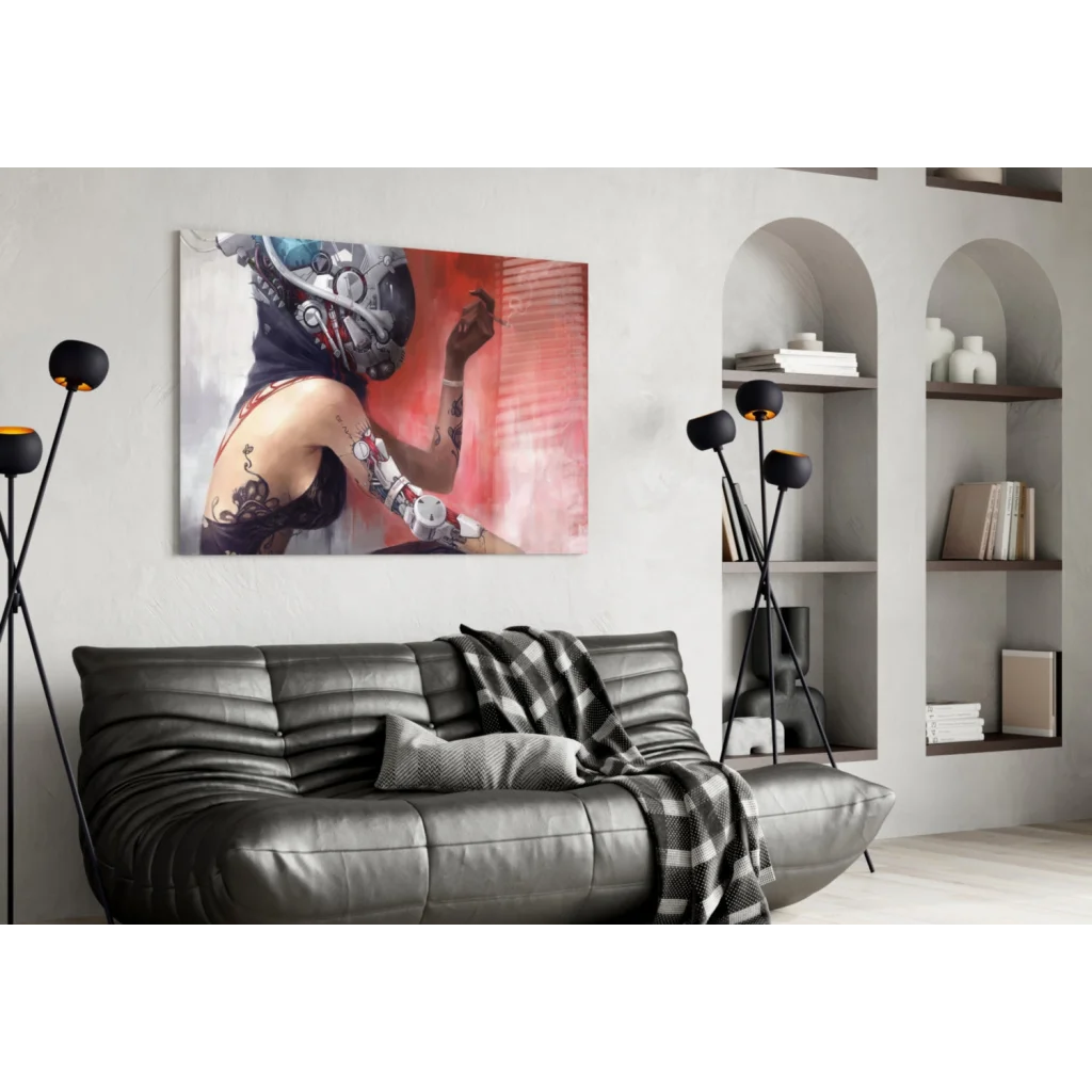 Cyberpunk rebel glass wall art: tattooed figure in futuristic armor on red backdrop