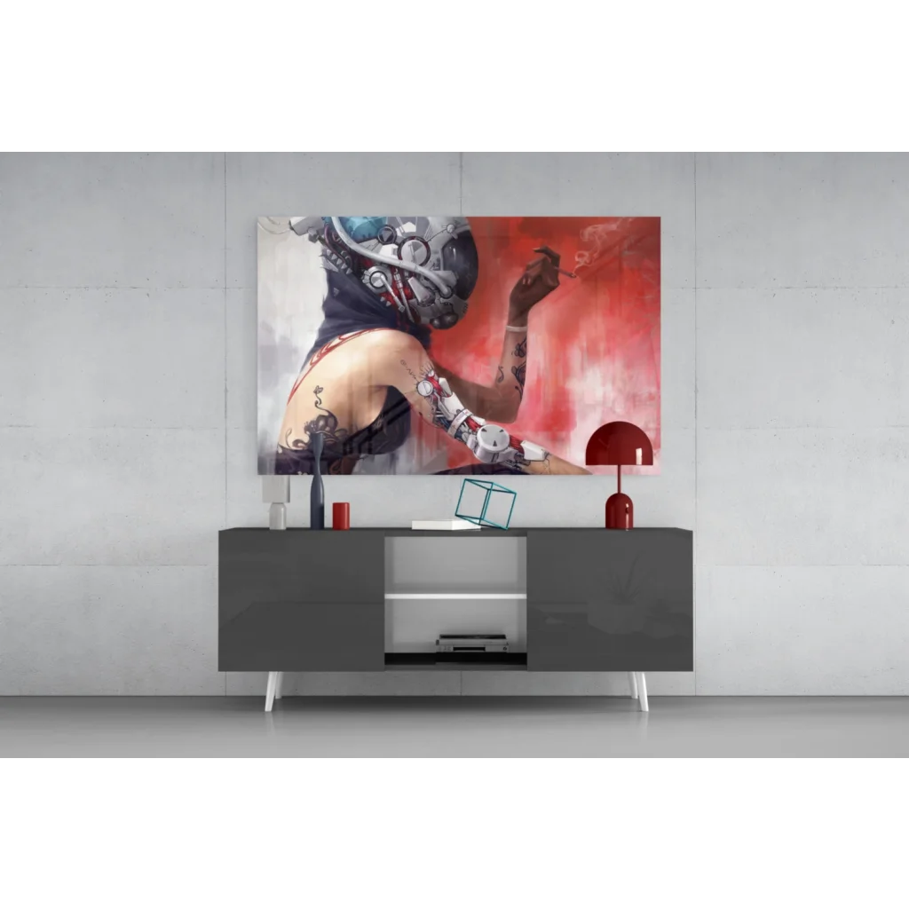 Cyberpunk rebel glass wall art: tattooed figure with mechanical limbs on neon red background