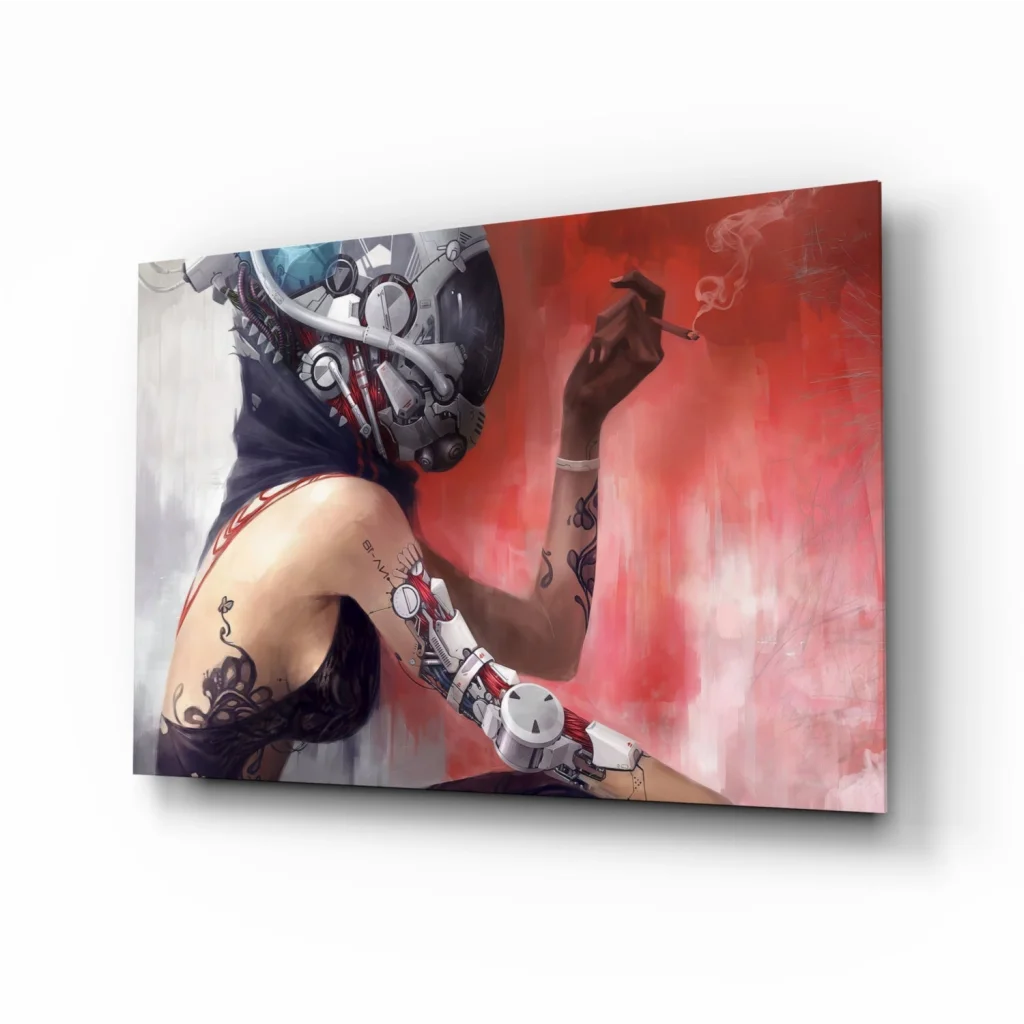 Cyberpunk rebel glass wall art with tattooed figure in futuristic helmet on red background